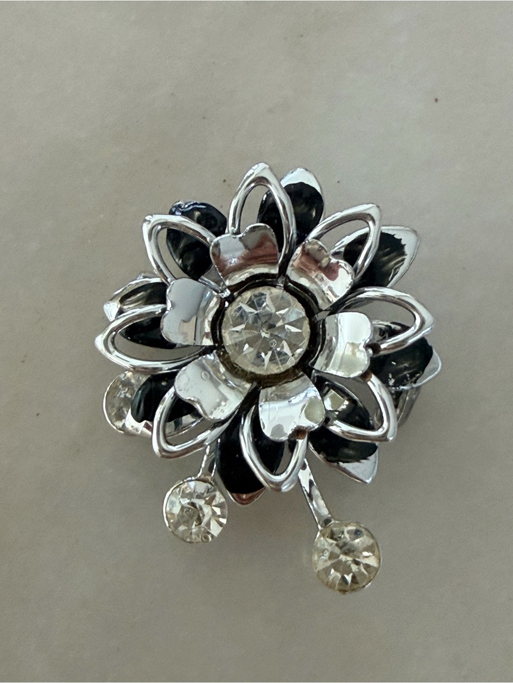 Vintage 60's 70's Flower Brooch Silver Black Enamel Dangle Pin Atomic Starburst - Picture 4 of 9